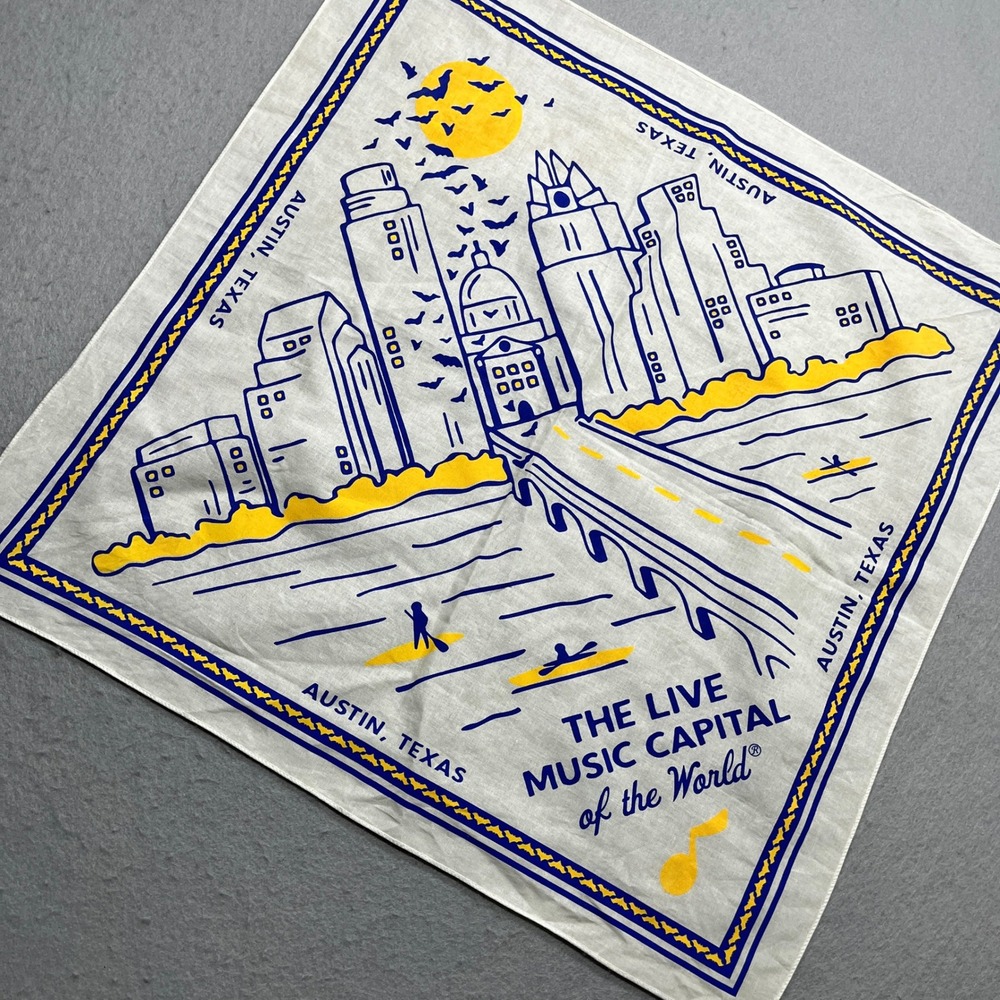 Austin Texas Souvenir Bandana Blue Yellow Skyline Bats Music Capital Scarf